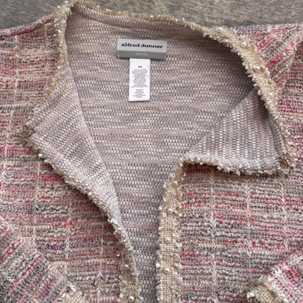Alfred Dunner Magnolia Springs Tweed Cardigan Jacket Pink Multi Pearl Trim PS - Picture 9 of 10